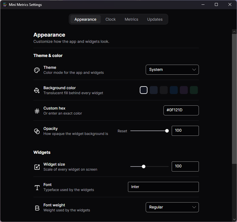 MiniMetrics settings window